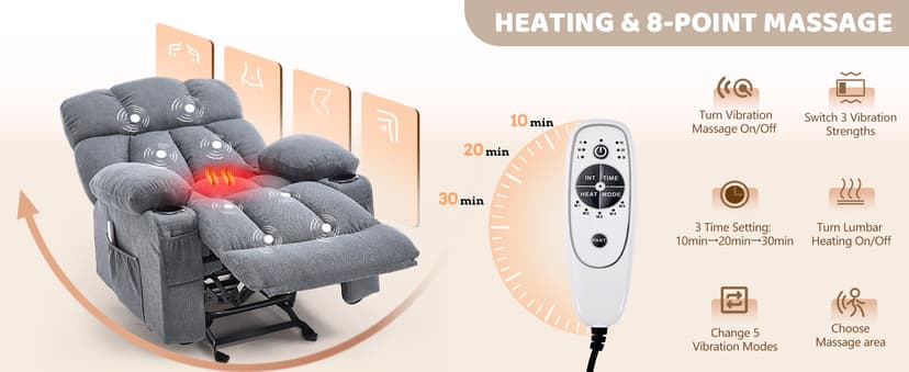 Massage Rocking Recliner Chair, Ergonomic Recliners Sofa with Vibration Massage & Heat, Rocking Chair Nursery Chair for Living Room Lounge with 4 Pockets, 2 Cup Holders, USB Charge Port, Grey