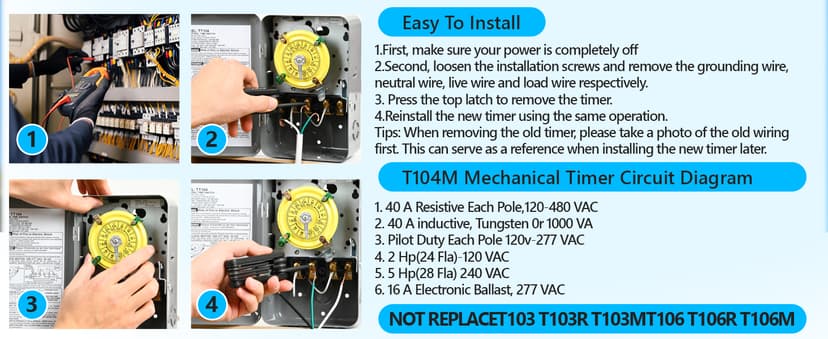 T104M Pool Timer Mechanism Only, 208-277V DPST 40A Time Switch, Pool Pump Timer, Heavy-Duty Mechanical Time Switches, 24 Hour 12 ON/Off for Pool Pump,Time Switch Mechanism Only, 6 Years Warranty