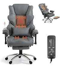 Massage Office Chair with Foot Rest, Ergonomic Executive Heated Office Chair with Reclining Backrest, Adjustable Arms and Lumbar Support, High Back Leather Desk Chairs for Home Office, Black