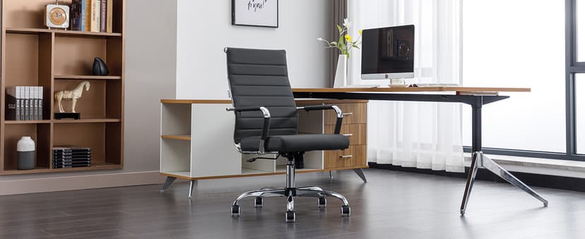 Home Office Chair Ribbed, Modern Leather Conference Room Chairs, Ergonomic Office Desk Chair, High Back Executive Computer Chair, Adjustable Swivel Chair with Arms (Black)