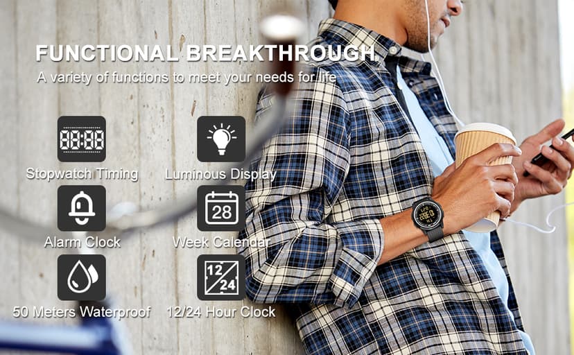 GOLDEN HOUR Ultra-Thin Minimalist Sports Waterproof Digital Watches Men with Wide-Angle Display Rubber Strap Wrist Watch for Men Women