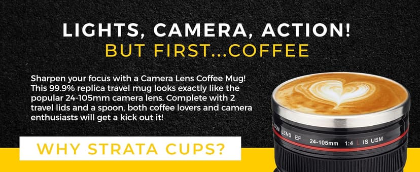STRATA CUPS Camera Lens Coffee Mug -13.5oz | (2 LIDS + SPOON + BAG) Gift for Him, Dad Gifts, Photography, Camera accessories, Novelty Gifts