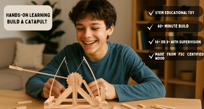 Pathfinders STEM Kits – Leonardo da Vinci Catapult kit | Trebuchet Science Kits for Kids Age 12-14 | Toys for Ages 8-13 Physics Toys | Kids Engineering kit | Learning Resource | Engineering