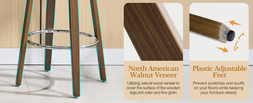 Bekrvio Swivel Counter Height Bar Stools Set of 3, Faux Leather Kitchen Stools Upholstered Barstools with Back, Walnut Wood Legs, Mid Century Island Chairs Counter Stools, 26" Seat Height, White