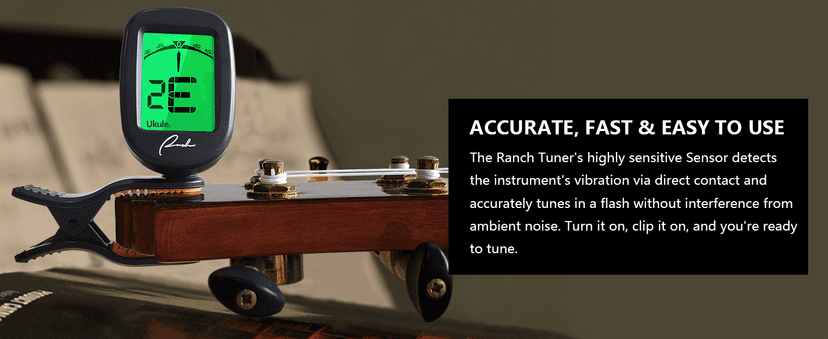 Ranch Guitar Tuner Clip On for Acoustic/Electric Guitar, Ukulele, Violin, Bass, Banjo - Fast & Accurate Chromatic Tuner with Noise Immunity Durable String Instrument Tuners - Classic Black