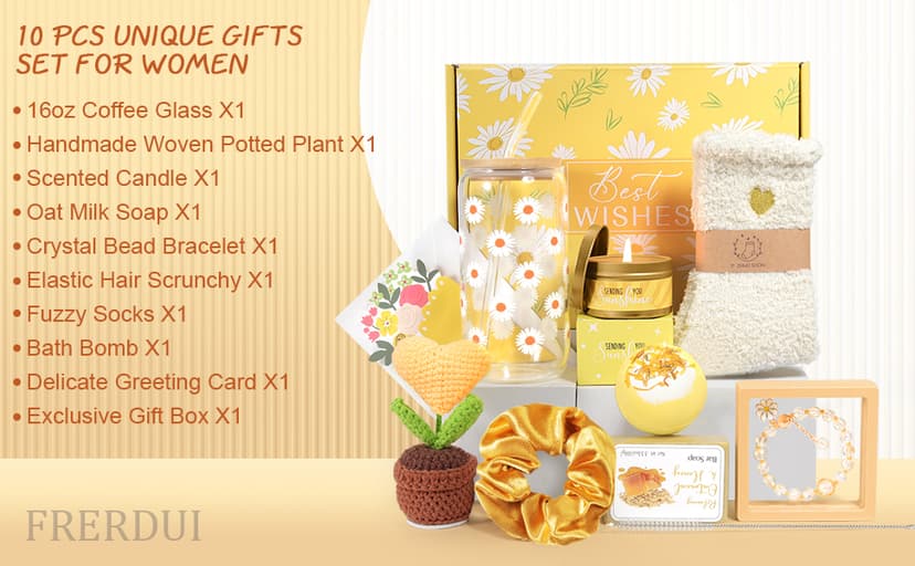 Birthday Gifts for Women, Gift Baskets for Women, Best Friend Friendship Gifts, Get Well Soon Inspirational Gift Set Box for Woman Her Teen Girl Sister Friendship w 18oz Daisy Cup