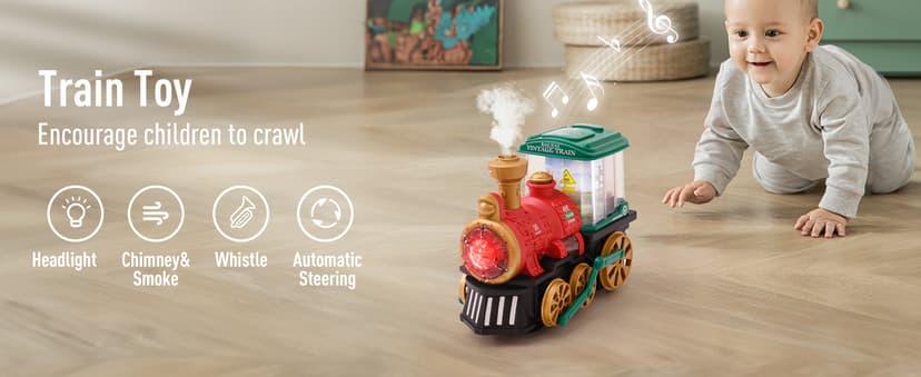 Electric Steam Train Toy for Toddlers 3-5,Bump and Go Truck w/Steam Locomotive,Smoke,Light & Sound, 360 Rotation Christmas Train Truck Toys Birthday Gift for Toddler 1 3 4 5 6 Year Old Boys Girls Kids