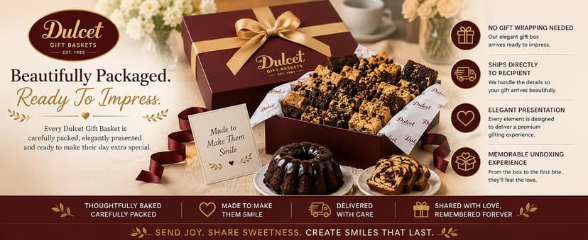 Dulcet Gift Basket - Beautiful Designed Box with Magnetic Closing Clasp - Gift Basket with Freshly Baked Gourmet Goods Each Individually Wrapped - Personalized Notes Included.