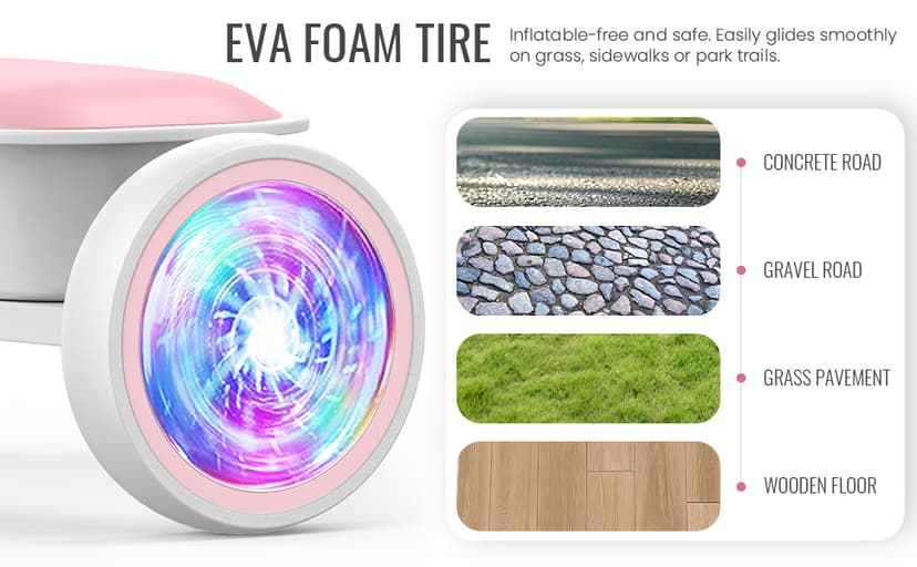 SEREED Colorful Lighting Toddler Tricycle for 2-5 Years Old Girls, Adjustable Seat&Handlebar Trike, Removable Basket, Birthday Gift Idea for Kids Ages 2+ (Pink)