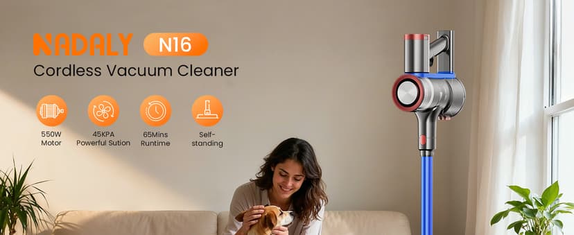 NADALY Cordless Vacuum Cleaner, 550W 45Kpa 65Mins Vacuum Cleaners for Home, Stick Vacuum with LED Display, Anti-Tangle, Self-Standing, 8-in-1 Lightweight Vacuum for Hardwood Floor/Carpet/Pet Hair