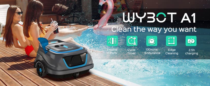 WYBOT A1 Robotic Pool Cleaner – Dual-Layer Filtration, Strong Suction, 130-Min Runtime, Cordless Pool Vacuum for Above-Ground & Flat Pools up to 1,100 Sq. Ft., 4 Cleaning Modes (Darkgrey)