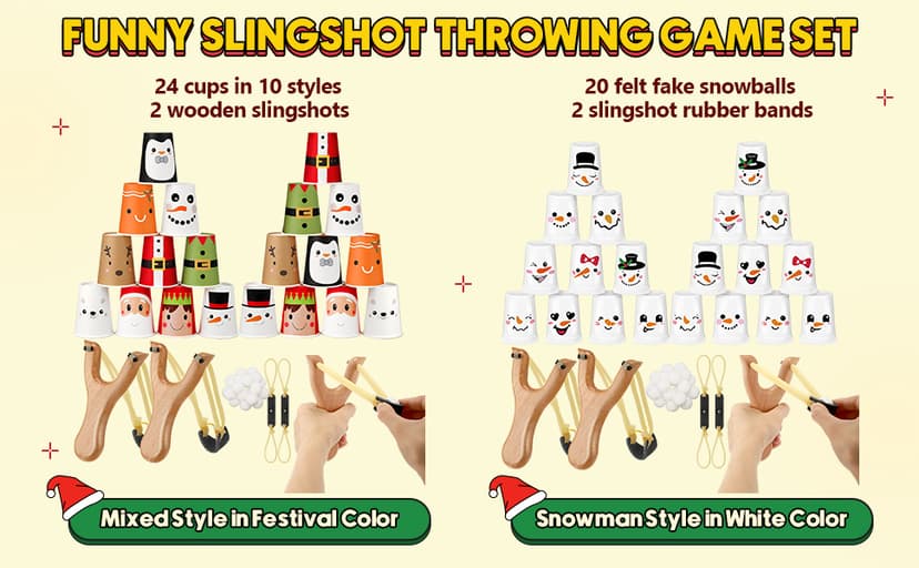 Leitee Christmas Party Games for Family Kids Adults Christmas Games with 24 Stacking Cup 2 Wooden Slingshot 2 Spare Slingshot Rubber Band 20 Felt Fake Snowball for Toss Carnival Parties Group Xmas Fun
