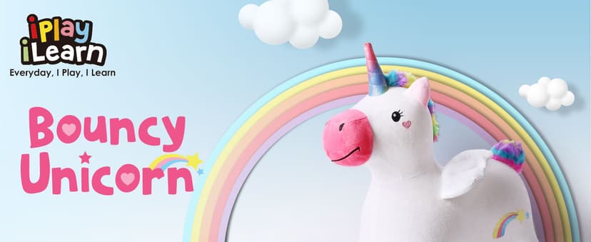 iPlay, iLearn Bouncy Pals Hopping Unicorn Horse, Toddler Girl Inflatable Bouncing Animal Hopper Toy, Outdoor Indoor Plush Ride on Bouncer, Baby Birthday Gift 18 Month 2 3 4 Year Old Kid - Unicorn