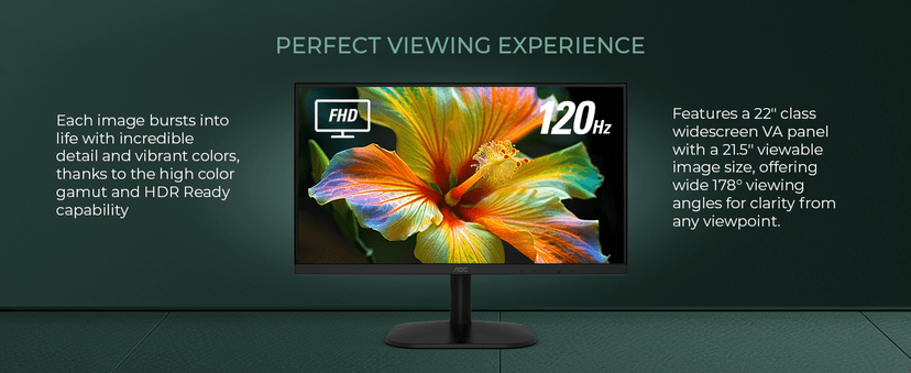 AOC 22B35HM23 22" Full HD (1920 x 1080) 120Hz LED Monitor, Adaptive Sync, VGA & HDMI, Flicker-Free, Low Blue Light, HDR Ready, VESA, Tilt Adjust, Eco-Friendly