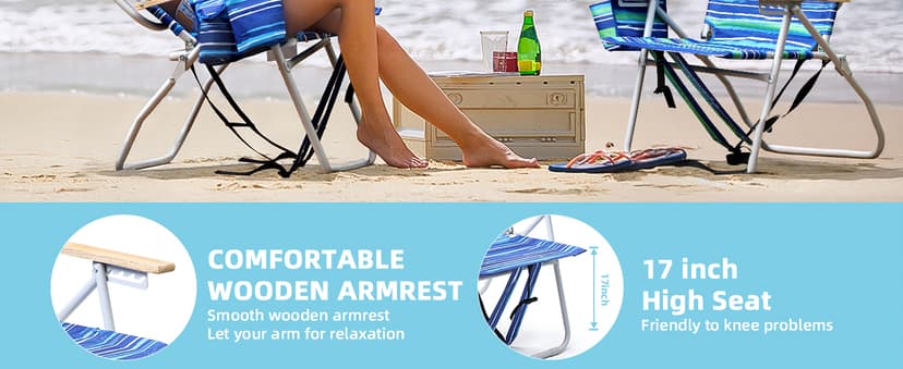 Tall Beach Chairs for Adults, 17" High Backpack Beach Chair with Wooden Armrests, 5 Positions Reclining Heavy Duty Chair with Large Cooler Pouch, Support to 350LBS Striped Blue,1pack
