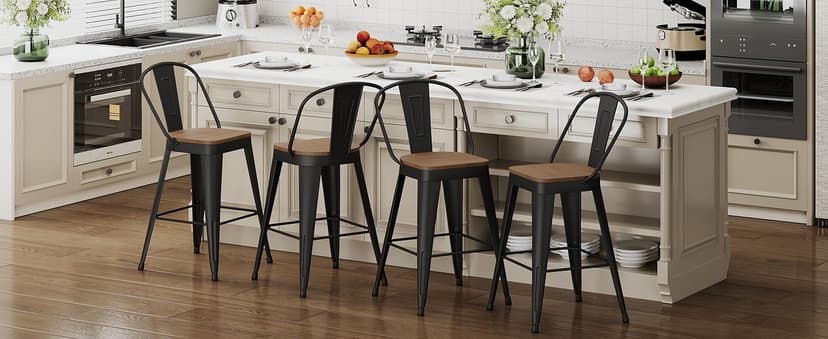 ALISH 26 Inch Industrial Bar Stools Set of 4, High Back Metal Barstools with Large Wood Seat, Counter Height Bar Chairs for Kitchen Island (26 Inch Set of 4, Black)
