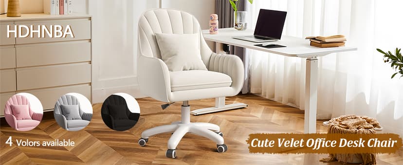 Mid Back Velvet Vanity Chair Swivel Rolling Desk Chair with Wheels, Modern Upholstered Makeup Chair for Women Girls, Computer Task Chair for Bedroom Living Room Office, White