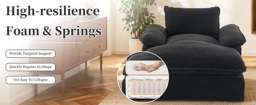 Oversized Chaise Lounge Chair Indoor, 67" Boneless Chaise Lounge with Extra Deep Seat, Comfy Corduroy Upholstered Sleeper Sofa Bed, Cozy Fluffy Single Sofa Armchair for Living Room, Black