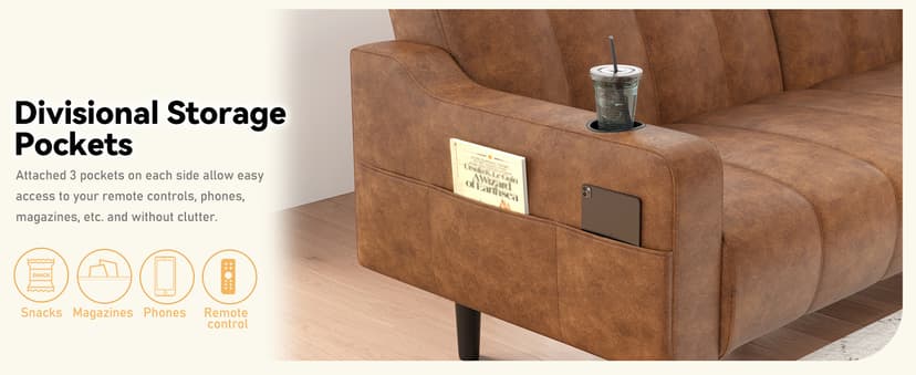 Brelice 80'' Leather Couch, Futon Sofa Bed, Faux Leather Couch with Adjustable Backrest, 2 Cup Holders & Side Pockets, Mid Century Modern Sofa for Living Room, Bedroom, Brown