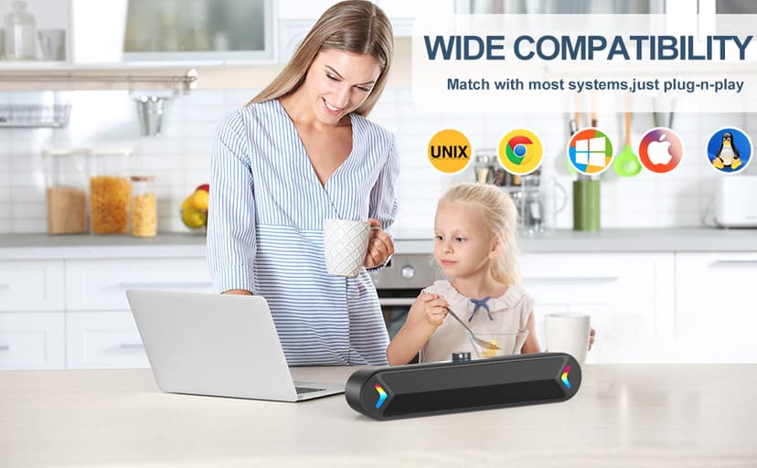 LENRUE Computer Speakers,PC Speakers for Desktop,Wired USB-Powered Sound-bar for Computer with 10W Stereo Sound and Colorful Light,Plug-n-Play (A39PRO /Black)