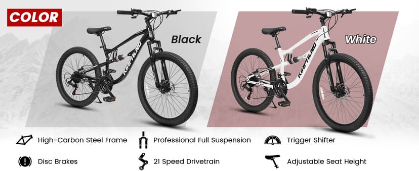 24/26/27.5 Inch Wheel Mountain Bike, 21 Speed MTB Bike with Full Suspension, Steel Frame and Dual Disc Brakes, Adult Mens Outdoor Cycling Mountain Bicycle