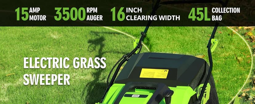 SWIPESMITH 16” Artificial Turf Vacuum,1800w Grass Sweeper 15 Amp Lawn Sweeper Yard Power Brush with 45L Removable Leaf Collection Bag, Quick-Fold, Keeps Clear Sweepy Box