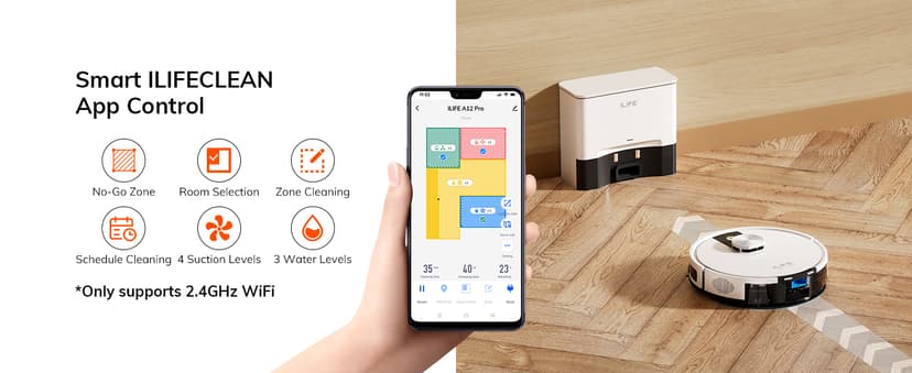 ILIFE A12 Pro Robot Vacuum and Mop Combo, Self Emptying Station for 60 Days, LiDAR Navigation, Home Mapping, No-Go Zones, 2.4G WiFi/App/Alexa/Remote Control, for Hard Floors, 110V