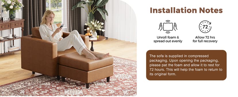 ABCASA Faux Leather Accent Chair with Ottoman,Upholstered Armchair with Storage,Extra-Deep-Seated Modular Single Sofa,Reading Chair with Footrest for Living Room Lounge Chair Brown