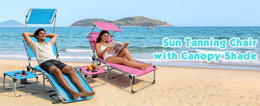 Outdoor Tanning Chair with Sun Canopy Shade & Face Hole, Folding Lounge Chair with Beach Table and Carry Bag for Poolside Sunbathing Lawn