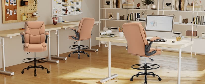 Ergonomic Drafting Chair, Tall Office Chair for Standing Desk, High Back Standing Desk Chair with Flip-Up Armrest, Adjustable Height&Foot Ring, Executive PU Leather Extended Height Office Chairs,Brown