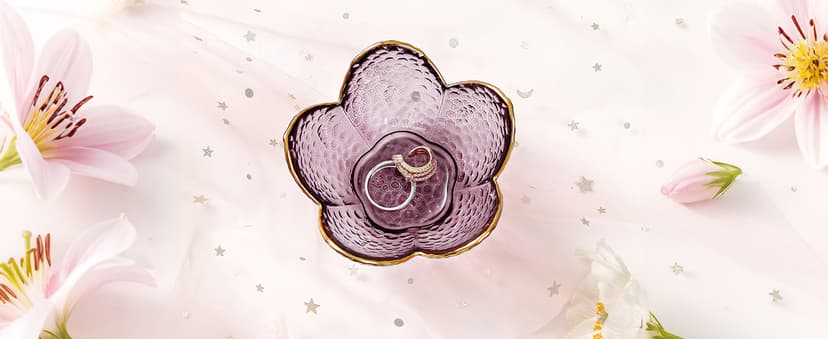 Purple Flower Jewelry Dish Glass Ring Dish Jewelry Tray Cute Vanity Organiser Room Decor Aesthetic Nightstand Bathroom Decor Trinket Dish Ring Holder Valentine's Friendship Birthday Gifts for Women