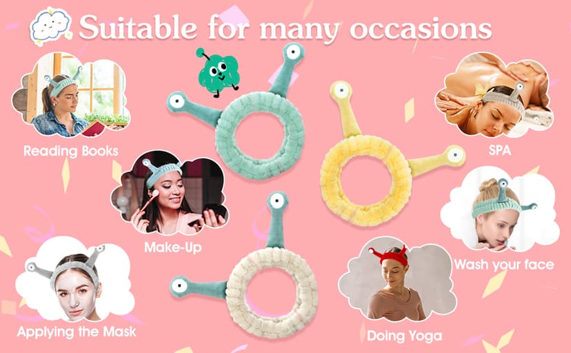 Molain Face Wash Headband, Palm and Snail Spa Hair Bands Makeup Headbands Women Cartoon Cute Coral Fleece Elastic Headband Creative Hair Accessories for Washing Face Shower Beauty Skincare