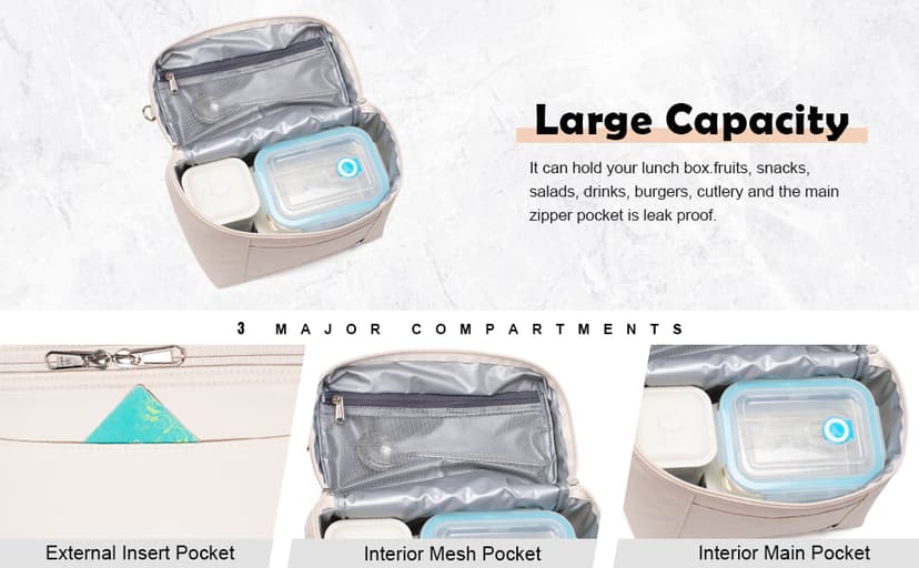 NOL Natural Organic Lifestyle Insulated Lunch Bags for Women Cooler Bag Lightweight Nylon Waterproof Lunch Box For Work(Medium, Cream