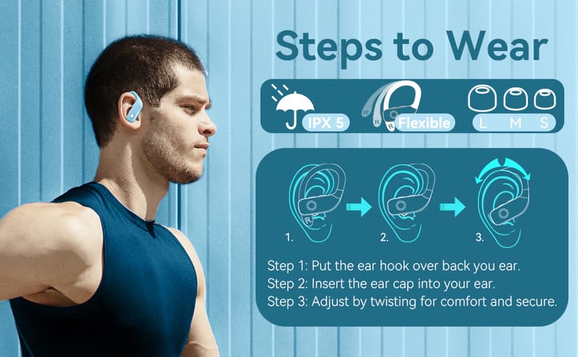 bmani Ear Buds Wireless Earbuds Bluetooth Headphones with 80H Playtime LED Display Case, Over-Ear Hook with Mic, Stereo Sound, Easy Button Controls, Sports Earphones for Running Workout Sky Blue