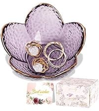 Purple Flower Jewelry Dish Glass Ring Dish Jewelry Tray Cute Vanity Organiser Room Decor Aesthetic Nightstand Bathroom Decor Trinket Dish Ring Holder Valentine's Friendship Birthday Gifts for Women