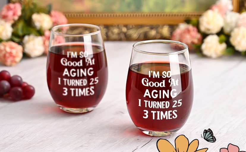 Futtumy 75th Birthday Gifts for Women, Turned 25 3 Times Wine Glass, Gifts for 75th Birthday Women Mom Grandma Wife Daughter Sister Friend Aunt Female, Funny 75th Birthday Decoration for Her, 17oz B0GKP1QFRF