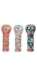 Made Easy Kit Insulated Wine Tote - Neoprene Wine Carrier Bag with Magnetic Handle Clasp - Wine Bottle Protective Travel Bag - Perfect for Gifting Travel or Gift Bag - Set of 3 (Floral Patterns)