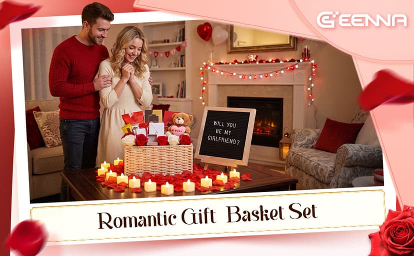 Basket Set with Letter Board, 1000 Rose Petal, 12 Heart LED Light, Romantic Gift Girlfriend Asking Anniversary Surprise Decor Ceenna Will You Be My Girlfriend Proposal Kit, Red, Cute