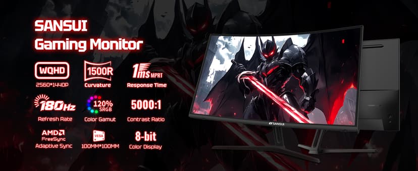 SANSUI 27 Inch WQHD 2560X1440 Curved Gaming Monitor, 180Hz MPRT 1ms Computer Monitor,HDMI2.0 * 2, DP1.2 * 2, Freesync, Curved 1500R, 5000:1 Contrast Ratio, 120% sRGB,HDR(ES-G27C1Q DP Cable Included)
