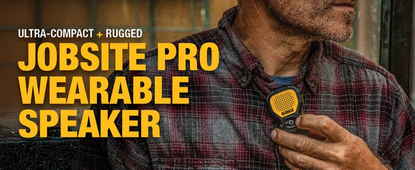 DEWALT Wearable Bluetooth Speaker (Updated Version), Clip-On Wireless Jobsite Pro Water-Resistant Portable Speaker (Non-Magnetic), Built-in Mic for Hands-Free Music/Calls, Bluetooth Speaker (Yellow)