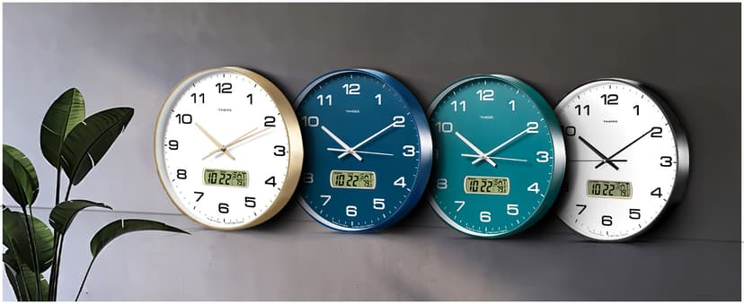 TIMESS Wall Clock, 12" Dial Non-Ticking Silent Battery Operated Analog with LCD Display for Perpetual Calendar and F° Temperature, Ideal Modern Home, Bedroom, Kitchen, Office Decor (Blue)