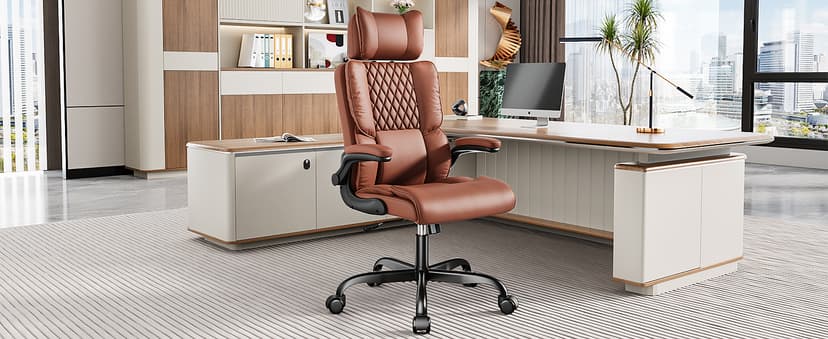 Sytas Executive Office Ergonomic Chair with Adjustable Headrest, PU Leather Desk Chair, High-Back Swivel Task Chair for Home Office, 135° Reclining, Brown