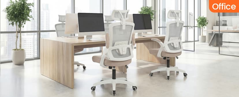 NEO CHAIR Office Desk Chair Gaming Computer High Back Support Mesh Comfy Seat with Adjustable Ergonomic Headrest Lumbar Rolling Flip-up Armrests and Wheels (Beige)
