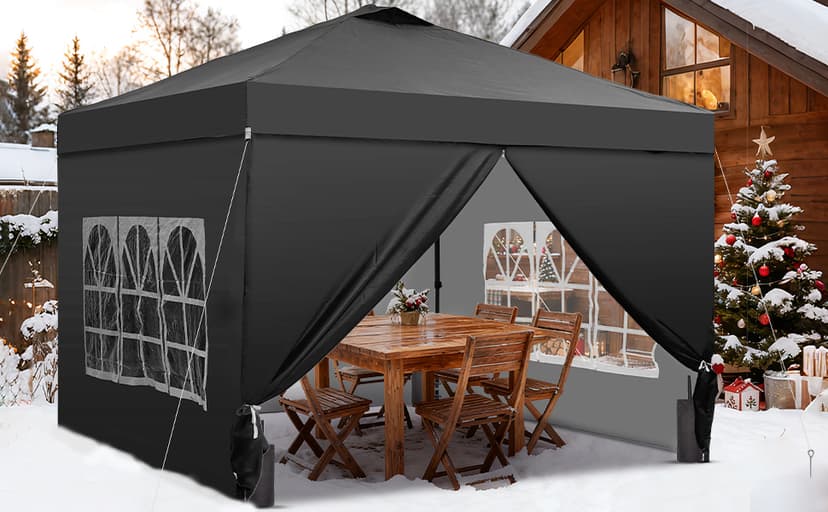 GDY 10x10 Pop Up Canopy Tent with 4 Sidewalls, Easy Set up with One Push Lift Outdoor Silver Coated Beach Gazebos, Carpas with 4 Sandbags, for Events, Parties,Camping, Black.