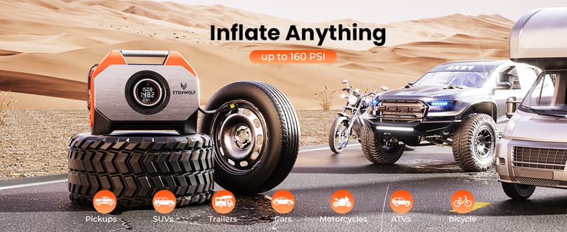 with 19200mAh for Heavy duty Vehicle, Car & Inflatables, 100% Duty Cycle & Dual Cylinder, Bike Pump with LED Backlight,Orange ETENWOLF VORTEX S6 Tire Inflator Portable Air Compressor, Cordless Air Pump B0CGLTPKBZ