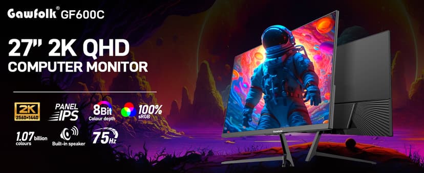 Gawfolk 27 inch IPS 2K QHD (2560×1440) Computer Monitor 75Hz Gaming PC Screen, 1ms,Adaptive Sync,100% sRGB, 1.07 Billion Colours, HDMI2.0、DisplayPort 1.4, Built-in Speaker - Black