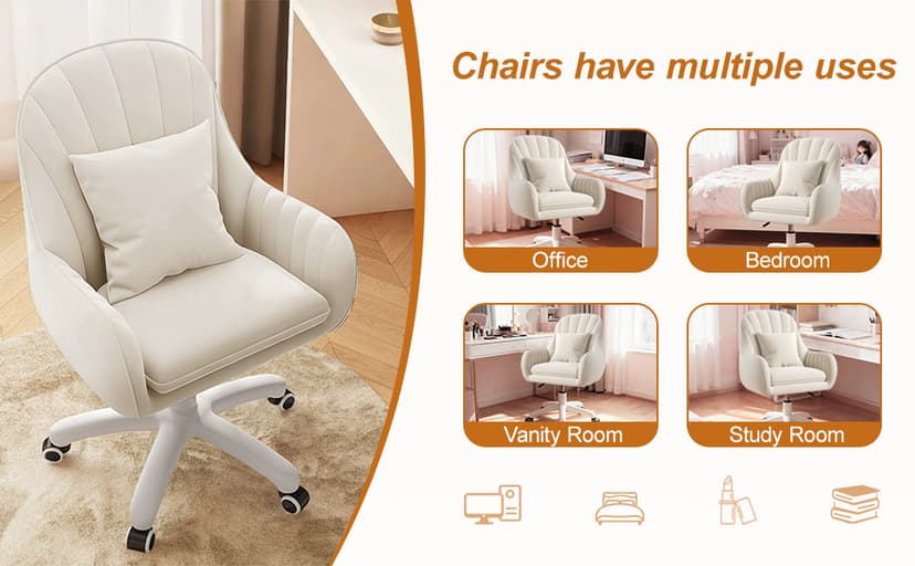 JPBSTO Upholstered Desk Chair with Pillow Swivel Rolling Accent Chair for Women Girls, Adjustable Height Vanity Chair with Wheels for Living Room, Home Office, Black