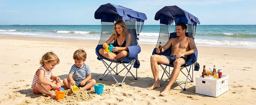 East Oak Oversized Camping Chair with Canopy | 400 LBS Heavy Duty Folding Beach Chair with Canopy Shade, Roomy Seat, Full Sun Protection, Ample Storage | Canopy Chair for Outdoors