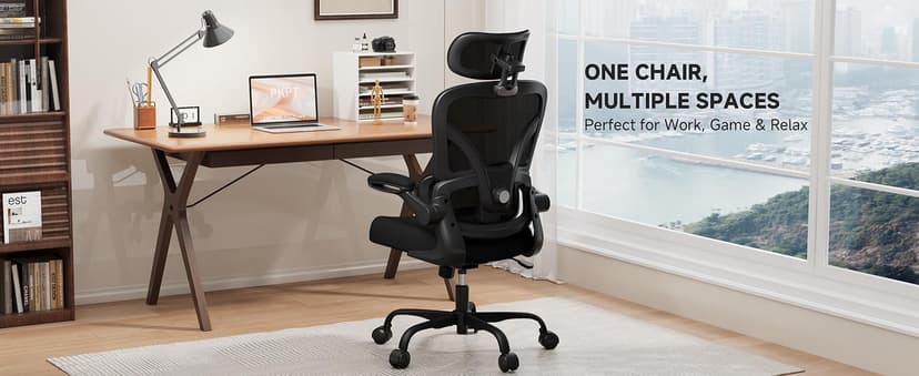 Ergonomic Office Chair, 330LBS Desk Chair with 3-Level Lumbar Support & Headrest, Breathable Mesh Backrest, Flip-Up Armrests for Home Office and Gaming, Black