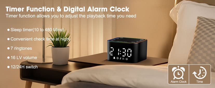 Alampan White Noise Sound Machine with Alarm Clock, 30 Soothing Sounds, Noise Machine for Sleeping, RGB Night Light, Digital Clock, Adults, for Bedside, Nightstand, Including Fan, Rain, Bird, Ocean